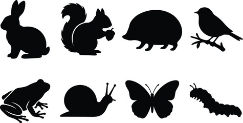 Garden and woodland wildlife animal silhouettes vector collection featuring rabbit, squirrel, hedgehog, bird, frog, snail, butterfly, and caterpillar © MdAsikul