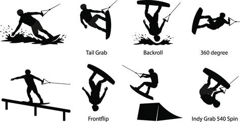 Wakeboarding silhouettes set of extreme water sports wakeboarders performing tricks jumps and flips © MdAsikul