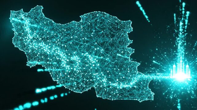 Glowing network map of a country with a connected building on a black background