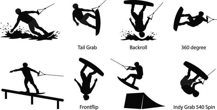 Wakeboarding silhouettes set of extreme water sports wakeboarders performing tricks jumps and flips