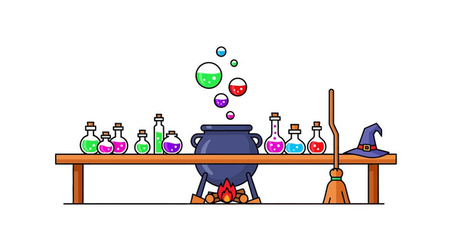 Witch's Potion Brewing Station with Cauldron, Bottles, and Broomstick
