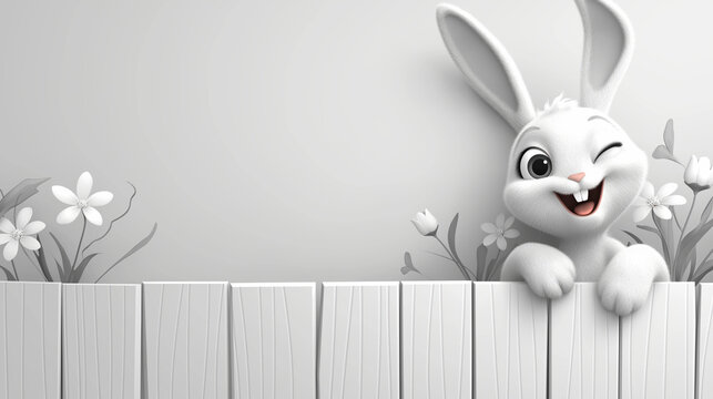 White rabbit winking isolated on gray background with a fence and copy space