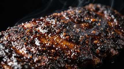 Fototapeta premium Closeup of a succulent rack of ribs with a dark, smoky glaze