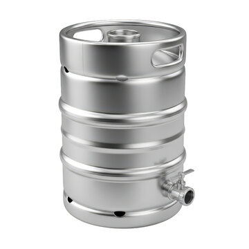 A large stainless steel keg standing upright with a spigot at the bottom.