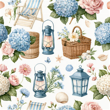 Elegant coastal hydrangea seamless patterns featuring watercolor blue hydrangeas, blush roses, beach cottages, sailboats, lighthouses, Adirondack chairs, baskets, seashells, nautical decor and seaside