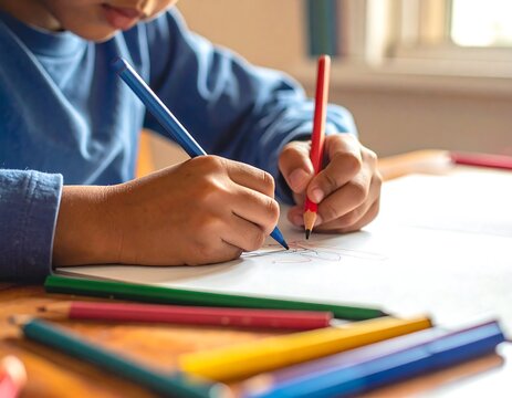 Child concentrating on drawing and writing with colorful pencils at a desk