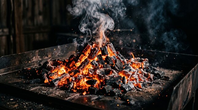 Glowing charcoal embers with smoke and sparks in a barbecue grill