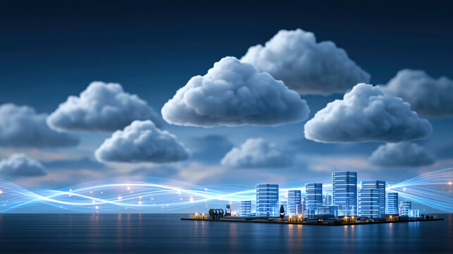 Cloud infrastructure concept with floating clouds over illuminated data center island and glowing network waves