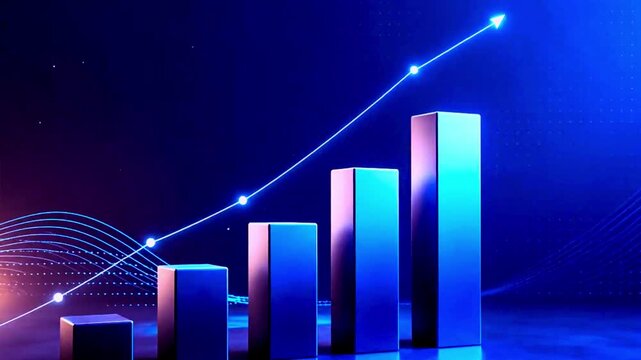 Financial growth chart progressing over time with increasing blue bars and line graph graph increase progress