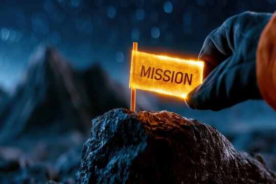 Gloved hand of an explorer planting a glowing yellow mission flag on a dark rocky surface at night