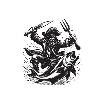 Black and white illustration of a pirate captain catching a large fish with a fork and knife.