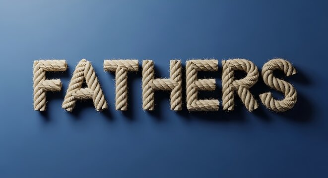 Text "FATHERS" crafted from rope, presented on a blue background, conveying a thematic concept