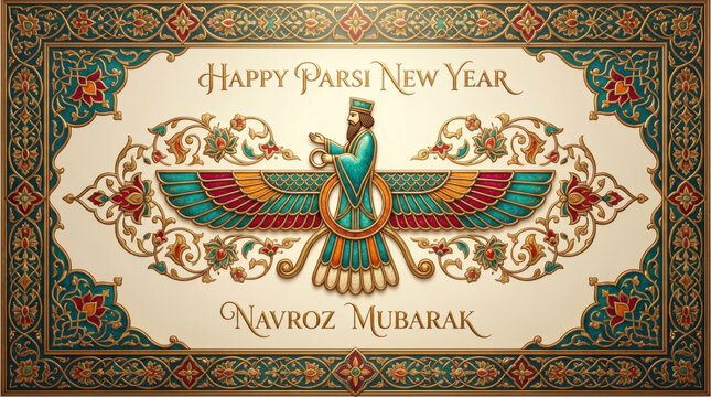 Elegant Parsi New Year celebration with Faravahar art for Navroz Mubarak greeting card design