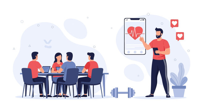 Fitness Coach Presents Health App Data to Team in Meeting, Featuring Heartbeat Monitor and Dumbbell