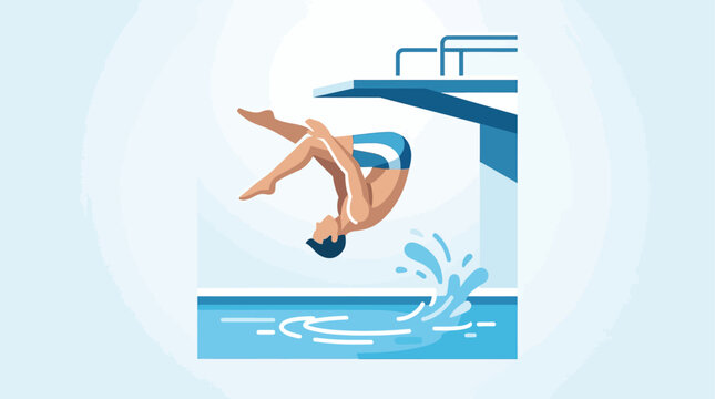 A breathtaking flat design illustration of a male diver performing a graceful somersault in mid-air during a platform dive. 