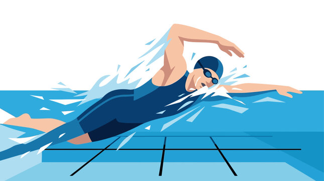 A dynamic flat design illustration capturing a male aquatic athlete mid-stroke during a freestyle swim. 