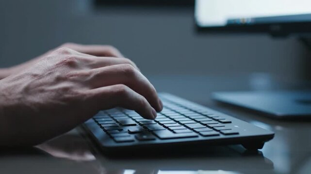 Close-up of hands typing on a computer keyboard in dim lighting.