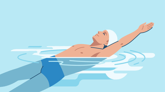 A serene flat design illustration depicting a male swimmer gracefully executing the backstroke from a low side angle. 