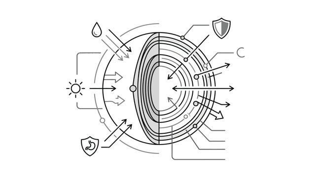 Spherical drug delivery system with environmental protection icons.