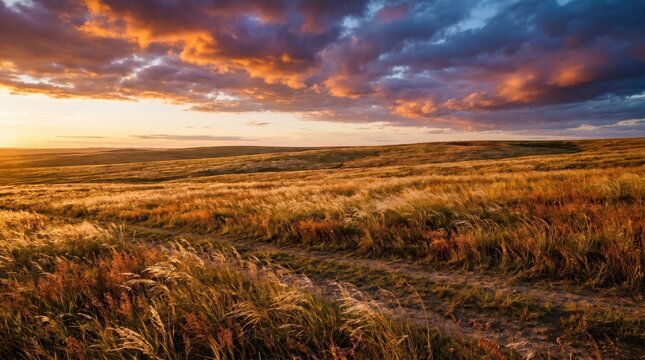 Dramatic clouds at golden hour over a tranquil grassy plain and rural landscape.