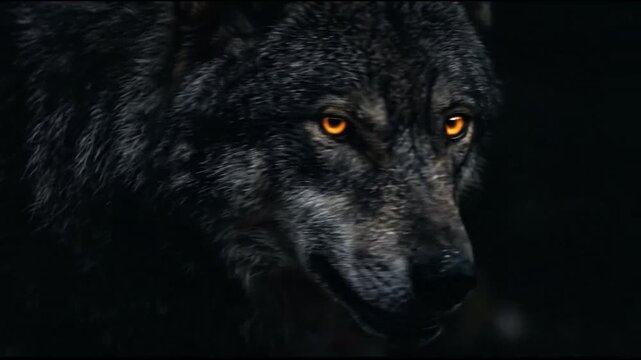 Front view of black wolf with orange eyes.