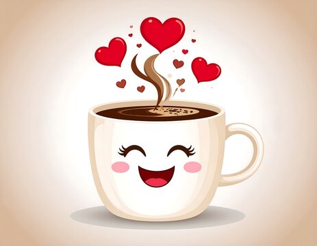 A cheerful cartoon coffee cup with a smiling face and hearts