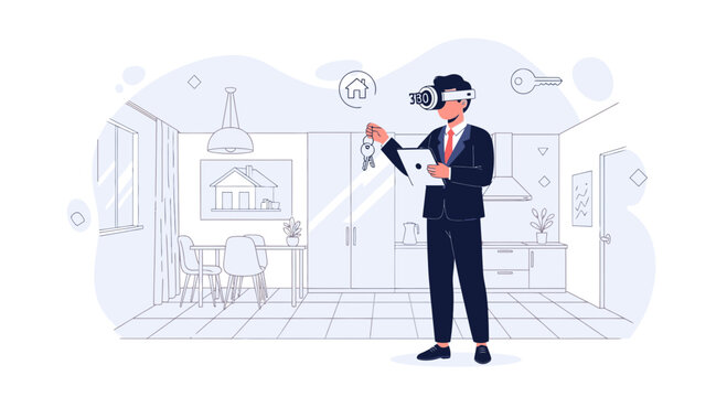 Real Estate Agent Using VR Headset for Virtual House Tour, Holding Keys and Tablet in Modern Apartment Setting