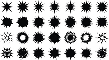 Black explosion burst shapes and starburst vector silhouette set for comic design and sale badges © VactorZone