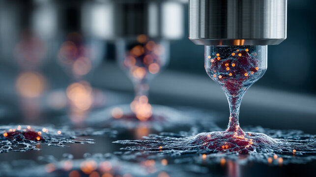 Close-up of red liquid droplets in glass microfluidic system with blurred laboratory background
