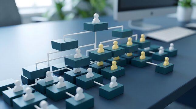 Miniature figures showing a complex corporate organizational structure on a sleek blue professional office desk