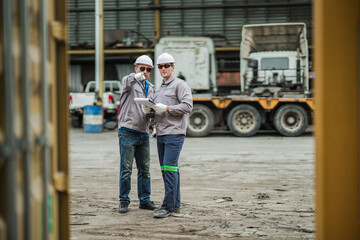 Fototapeta premium Logistics workers inspect terminal operations and review transportation documentation in industrial freight yard, demonstrating teamwork, cargo management and business logistics expertise.