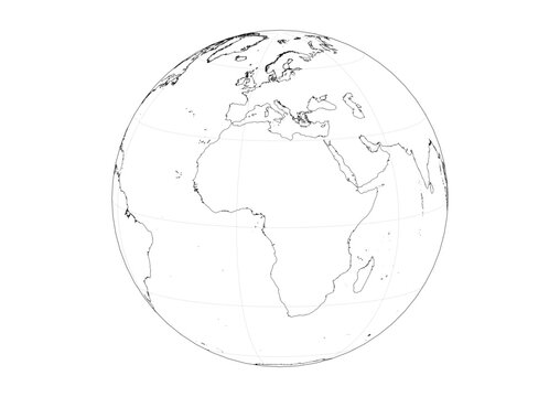 Orthographic 3D Globe Vector Grid Europe and Africa EMEA Region Transparent Map with Latitude Longitude Grid and Black Outlines