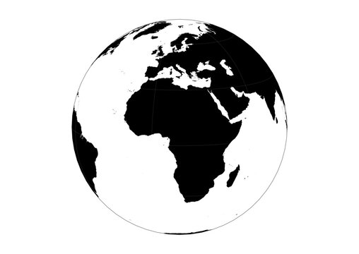 Orthographic 3D Globe Vector Grid Europe and Africa EMEA Region Solid Black Silhouette Map with White Latitude Longitude Grid and Black Horizon Line