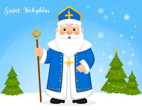A cartoon bishop in blue and white robes holding a staff