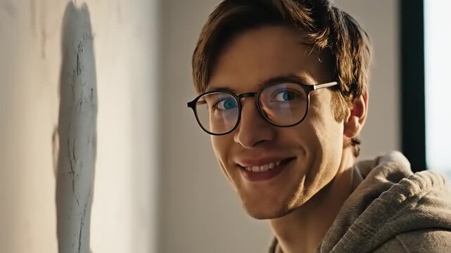 Young man with glasses looking thoughtful and then smiling.