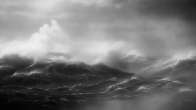 Slow motion tracking shot of ocean waves crashing and churning in stormy open sea with misty horizon and dark overcast sky