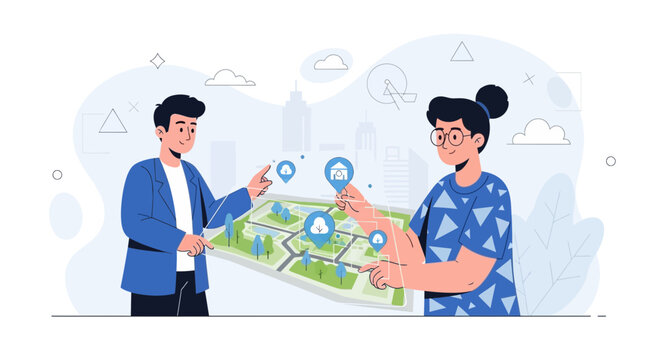 People using augmented reality map for urban planning and navigation, technology concept