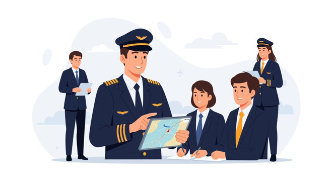 Pilot briefing aviation crew using digital tablet and charts for flight planning and training.