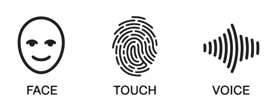 Biometric authentication icons for face touch and voice recognition technology set on transparent background.