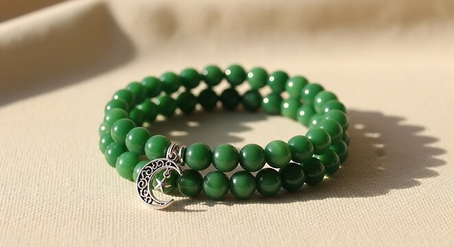 Two coiled green bead bracelets with silver crescent moon charm on a neutral fabric