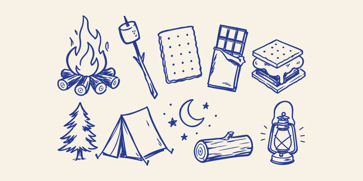 camping elements and campfire s'mores doodle icon set with bonfire marshmallow graham cracker chocolate bar tent pine tree and lantern vector illustration
