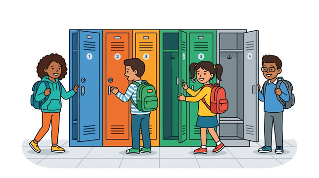 Children with backpacks by colorful school lockers opening and closing doors