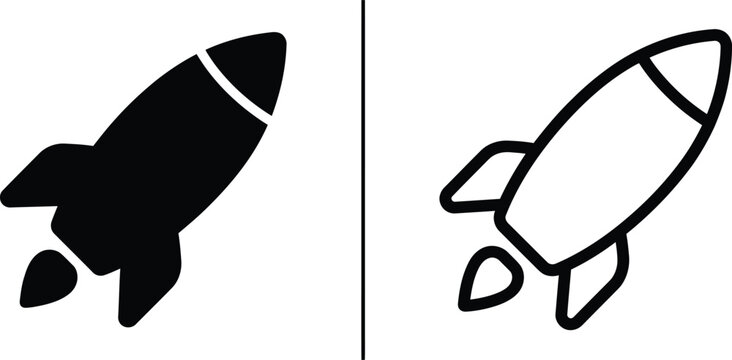 A conceptual split image showcasing a solid black rocket icon and a lineart rocket icon sidebyside