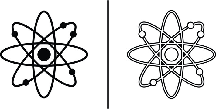 Abstract atomic structure symbol representation of nucleus and orbiting electrons on a clean white background