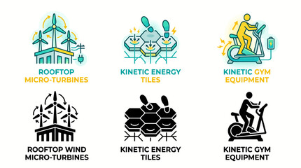 Fototapeta premium Eco friendly renewable energy vector icon set showing green technology solutions like kinetic tiles wind micro turbines and power generating gym workouts
