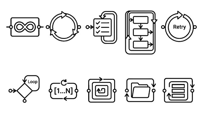 Set of black line icons representing software development loop processes and workflow automation cycles.