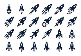Fototapeta premium Rocket launch icons representing business startup, project deployment, and growth initiative symbols