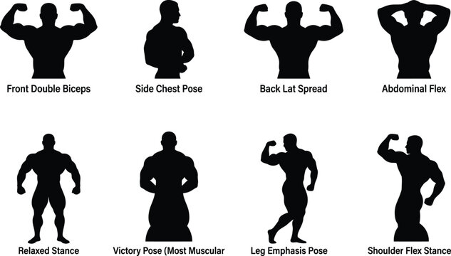  Bodybuilding Poses Silhouette Set Front Double Biceps Lat Spread Muscle Flex Guide