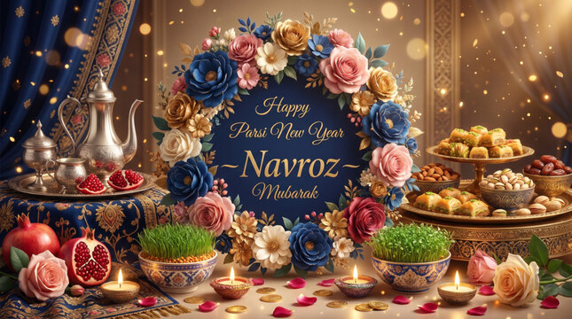 Luxury Navroz Celebration Greeting Card with Persian Floral Wreath Traditional Sweets and Festive Table Decor