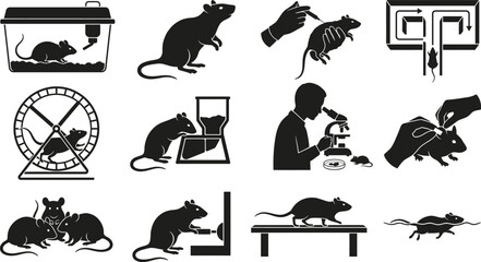 Obraz premium Laboratory Rats and Mice Research Experiments Animal Testing Biomedical Science Silhouette Set